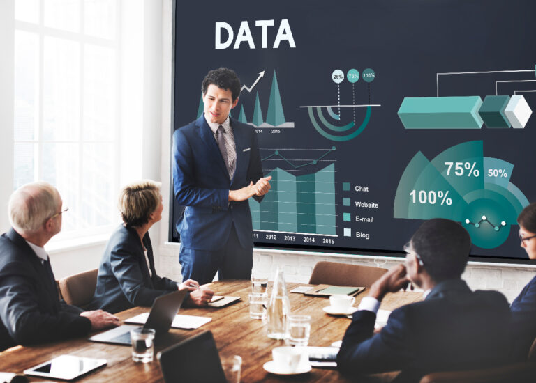 Team analyzing dashboards and reports as part of B2B data solutions strategy