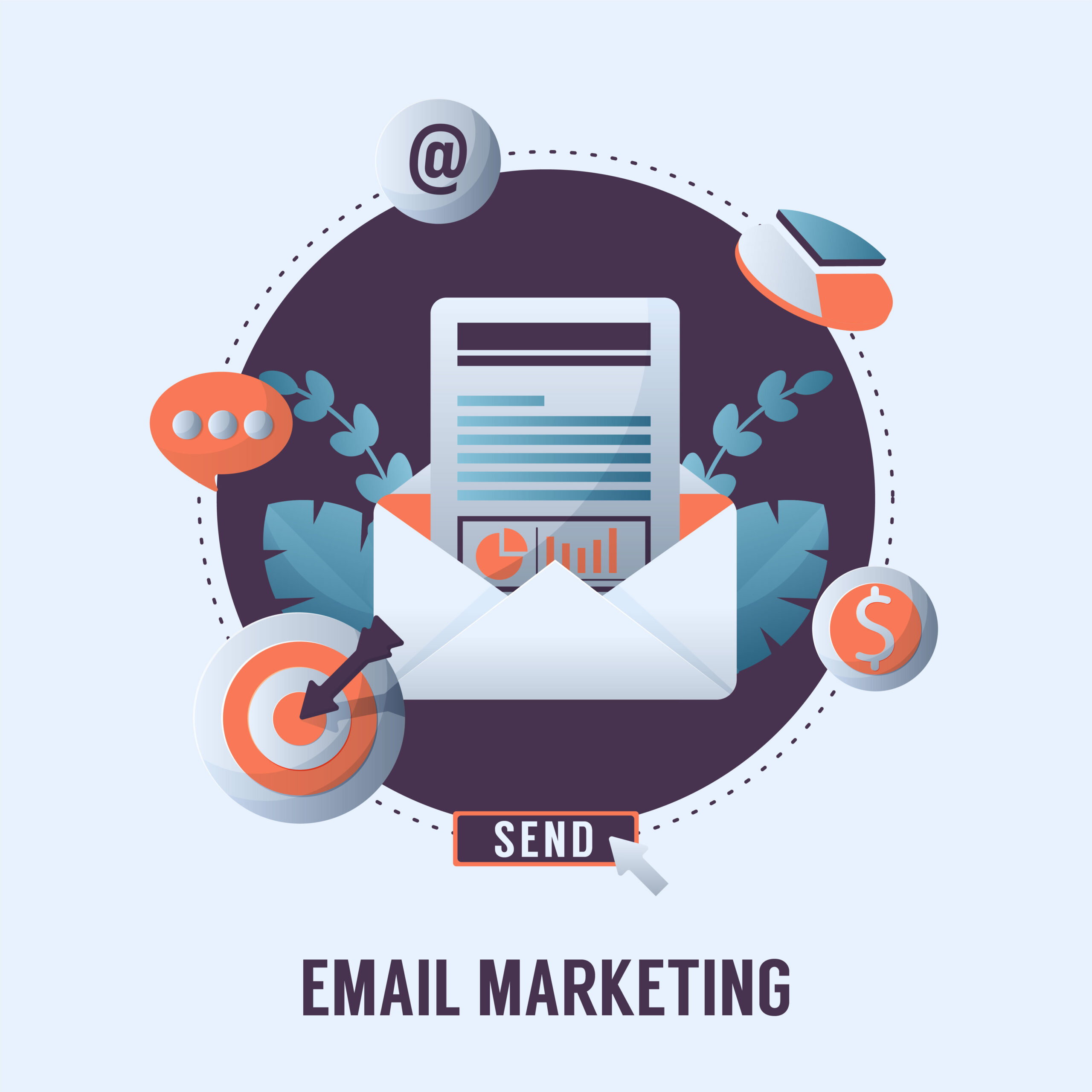 Digital communication icons representing the outreach workflows in our B2B email marketing services