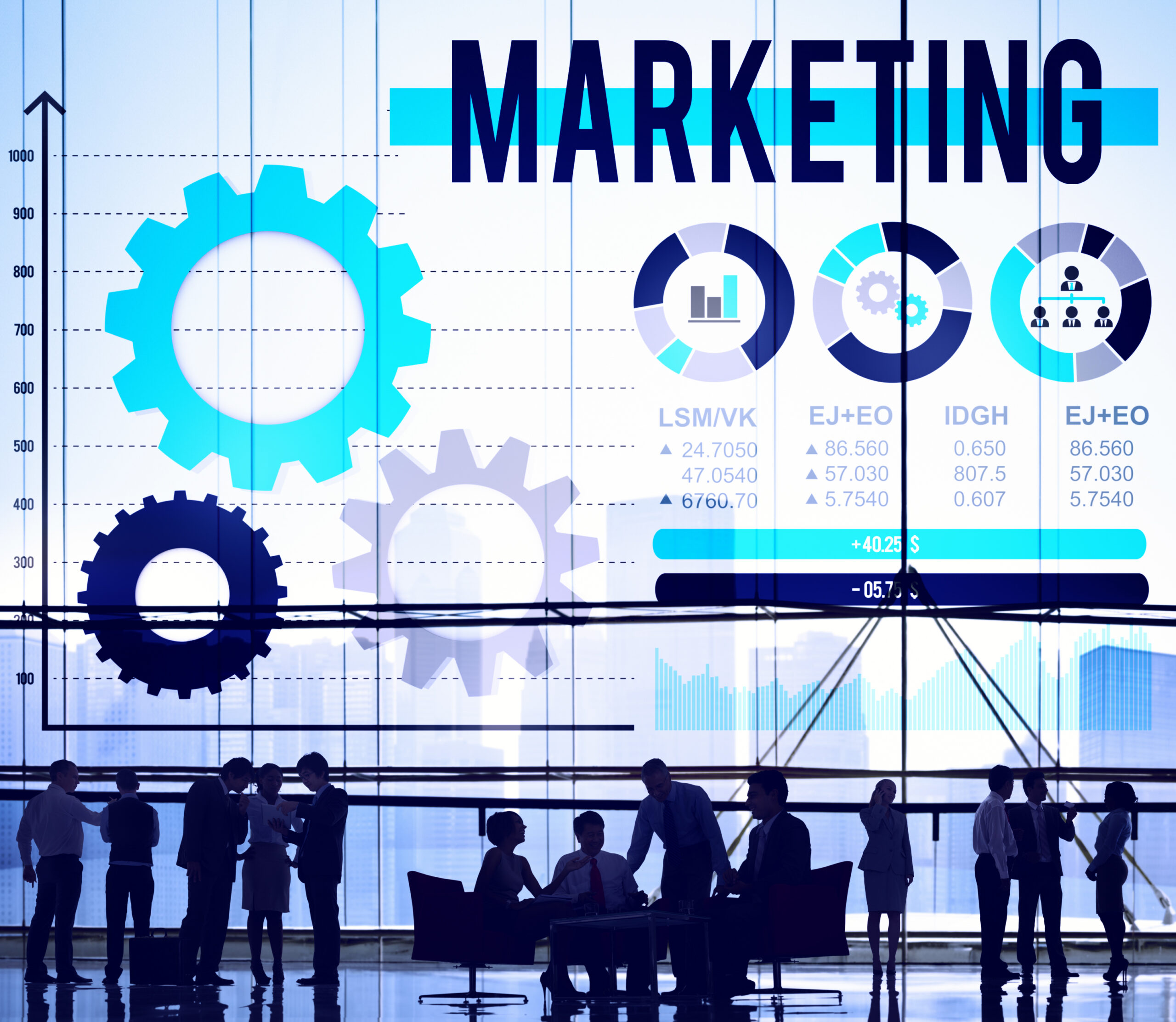 Marketers collaborating on advertising plans as part of B2B marketing solutions